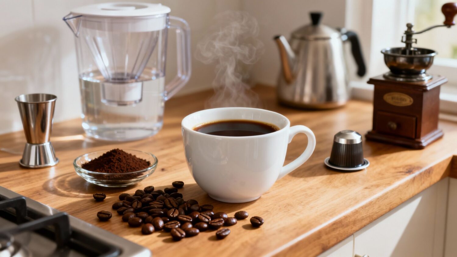 Coffee setup with beans, grinder, and steaming cup of coffee.