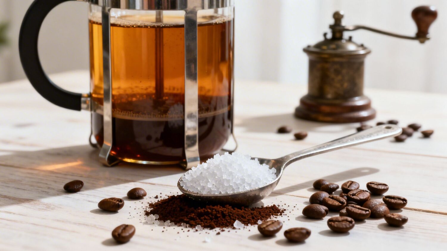 Brewed coffee in a French press with coffee beans and sugar