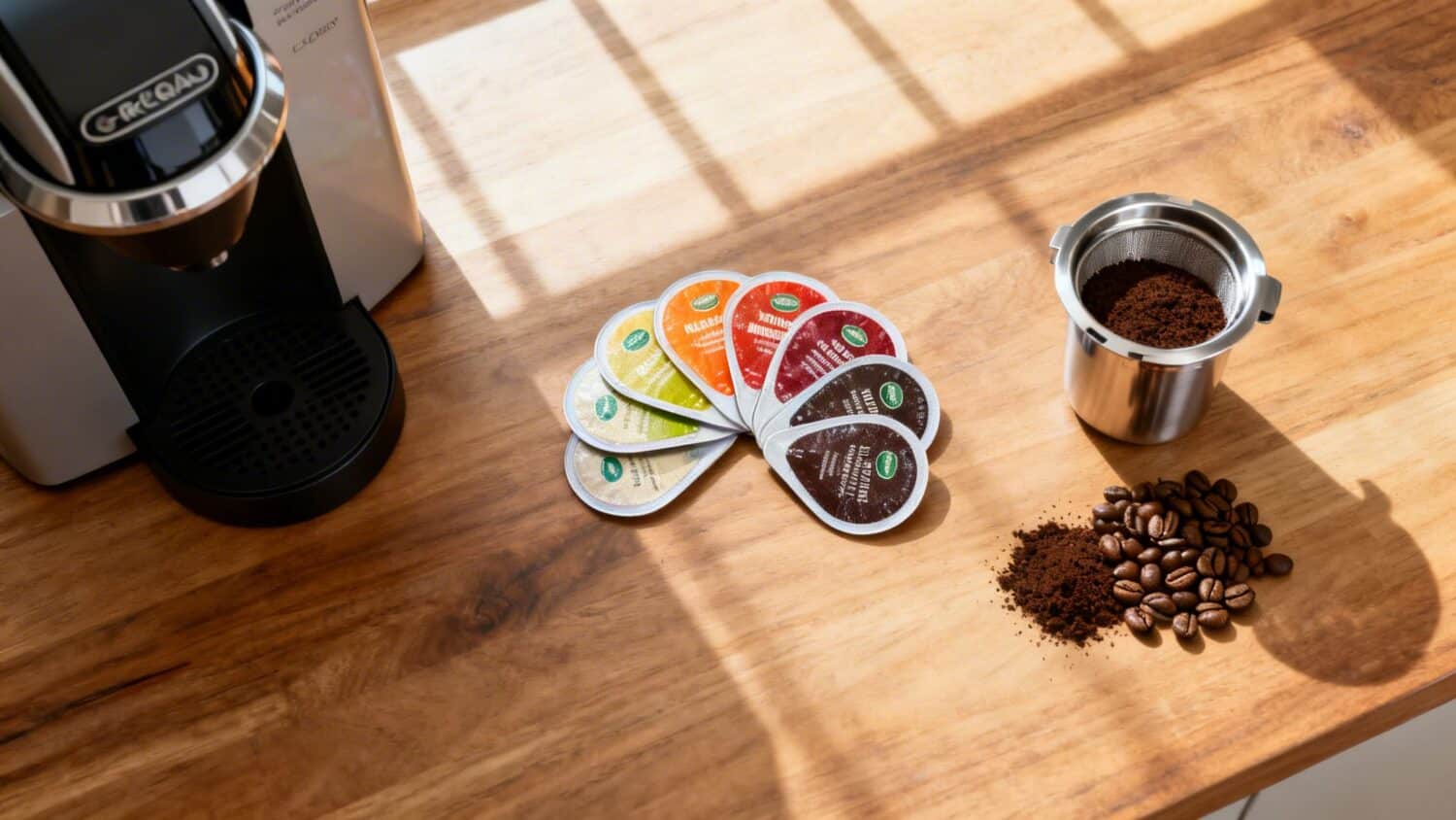 Coffee maker, reusable pods, and coffee beans on a wooden table.