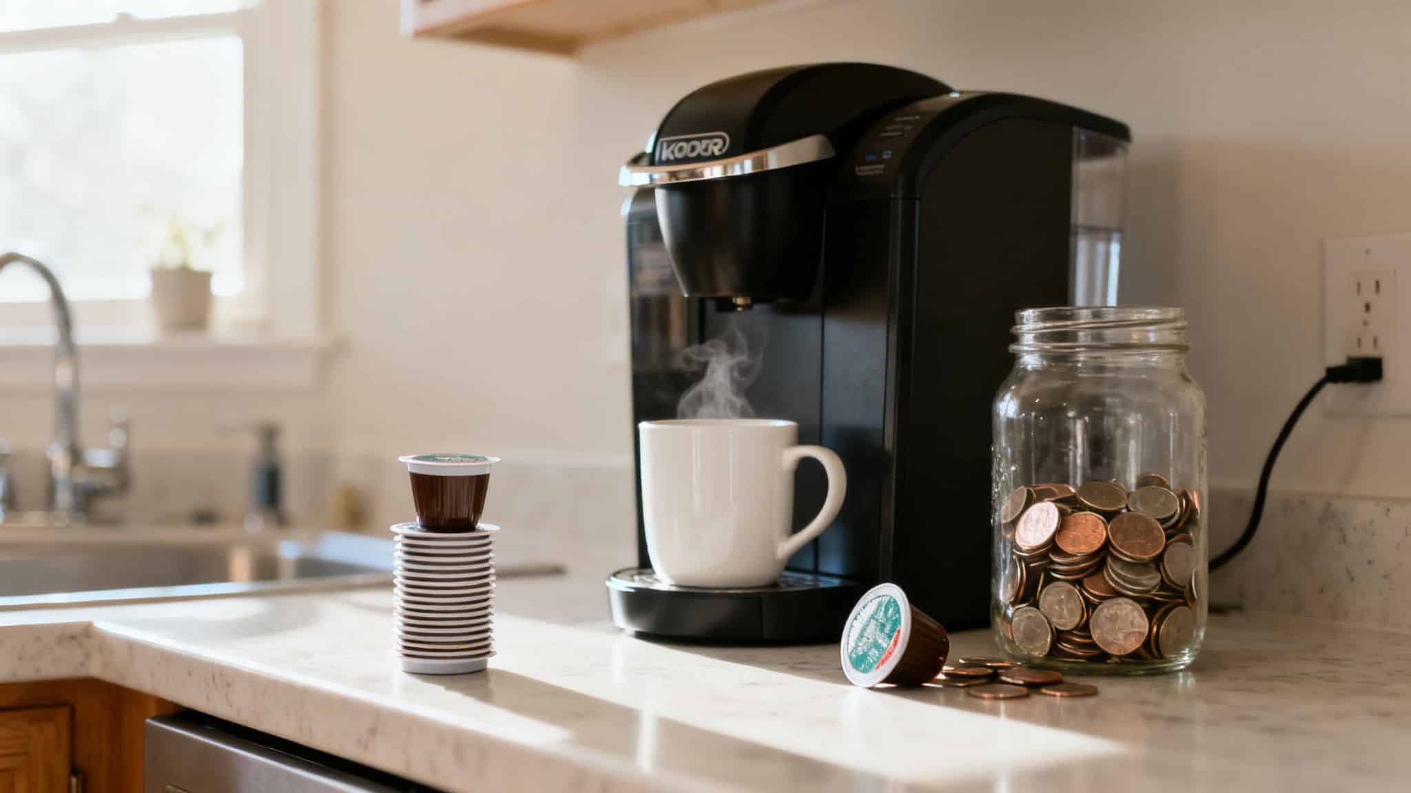 A Keurig coffee machine brews hot coffee into a white mug, surrounded by K-cups and coins.