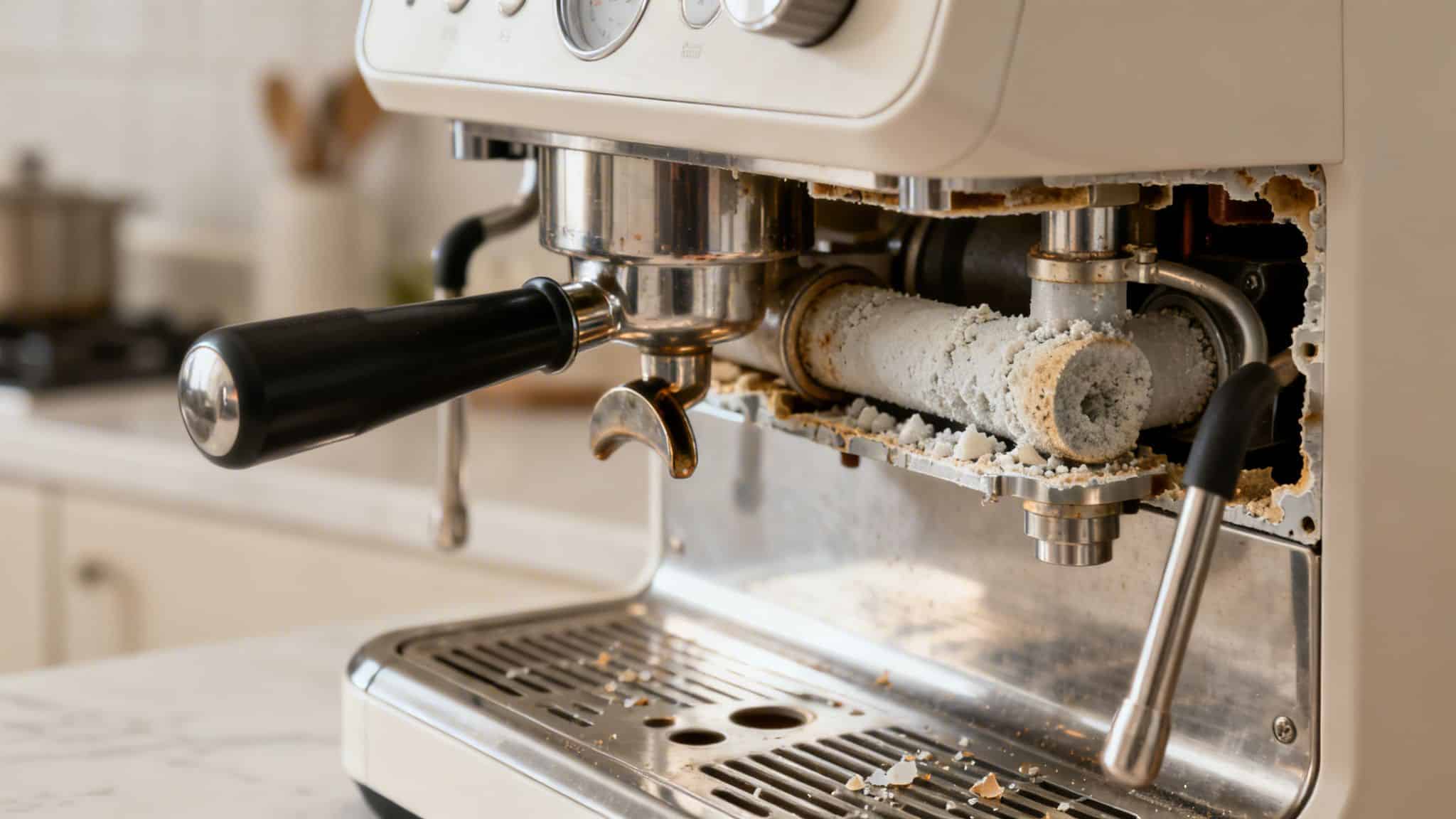 Close-up of a neglected espresso machine with severe limescale buildup on internal pipes and components.