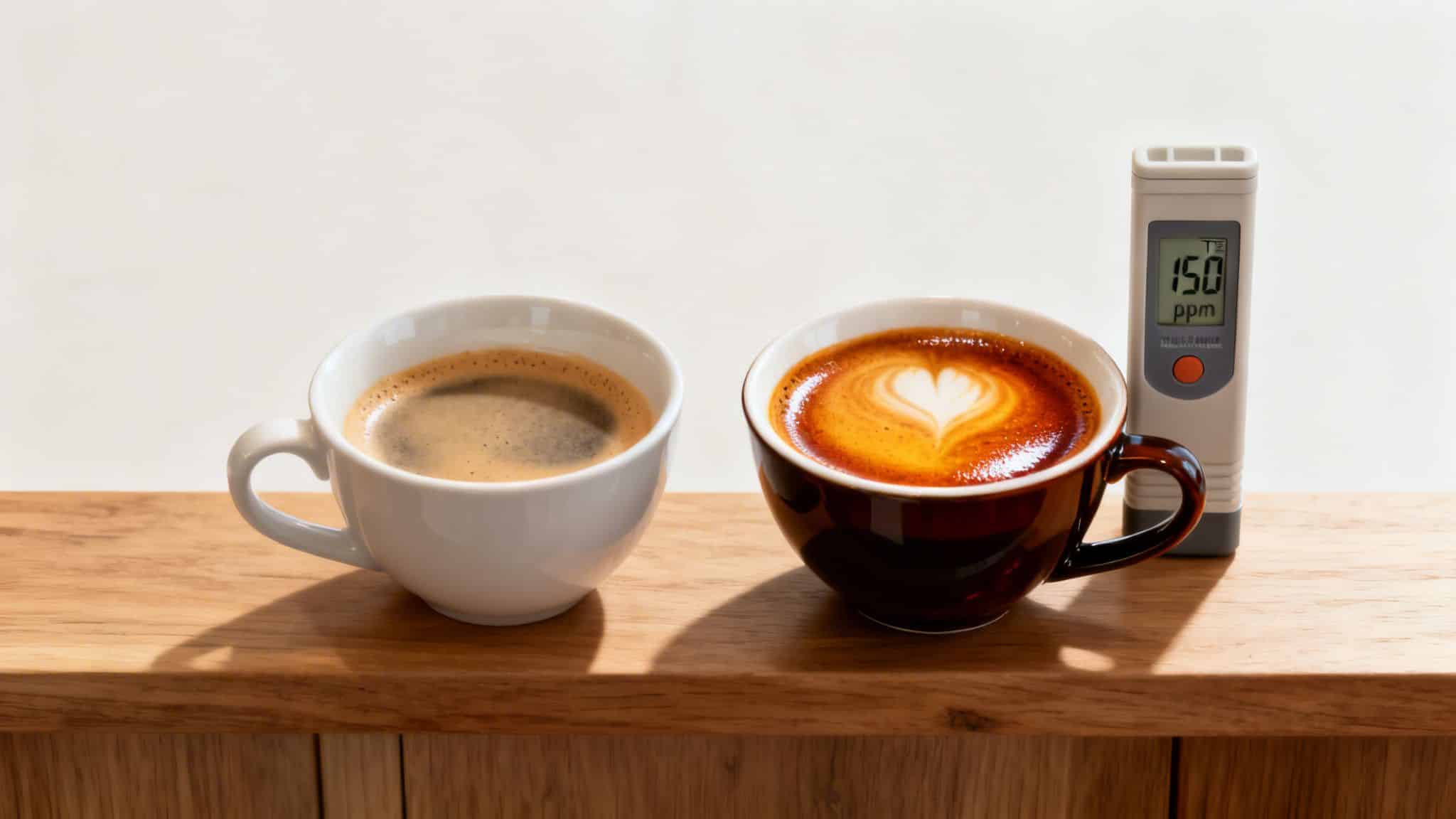 Two coffee cups, one black and one latte, next to a TDS meter showing 150 ppm on a wooden table.