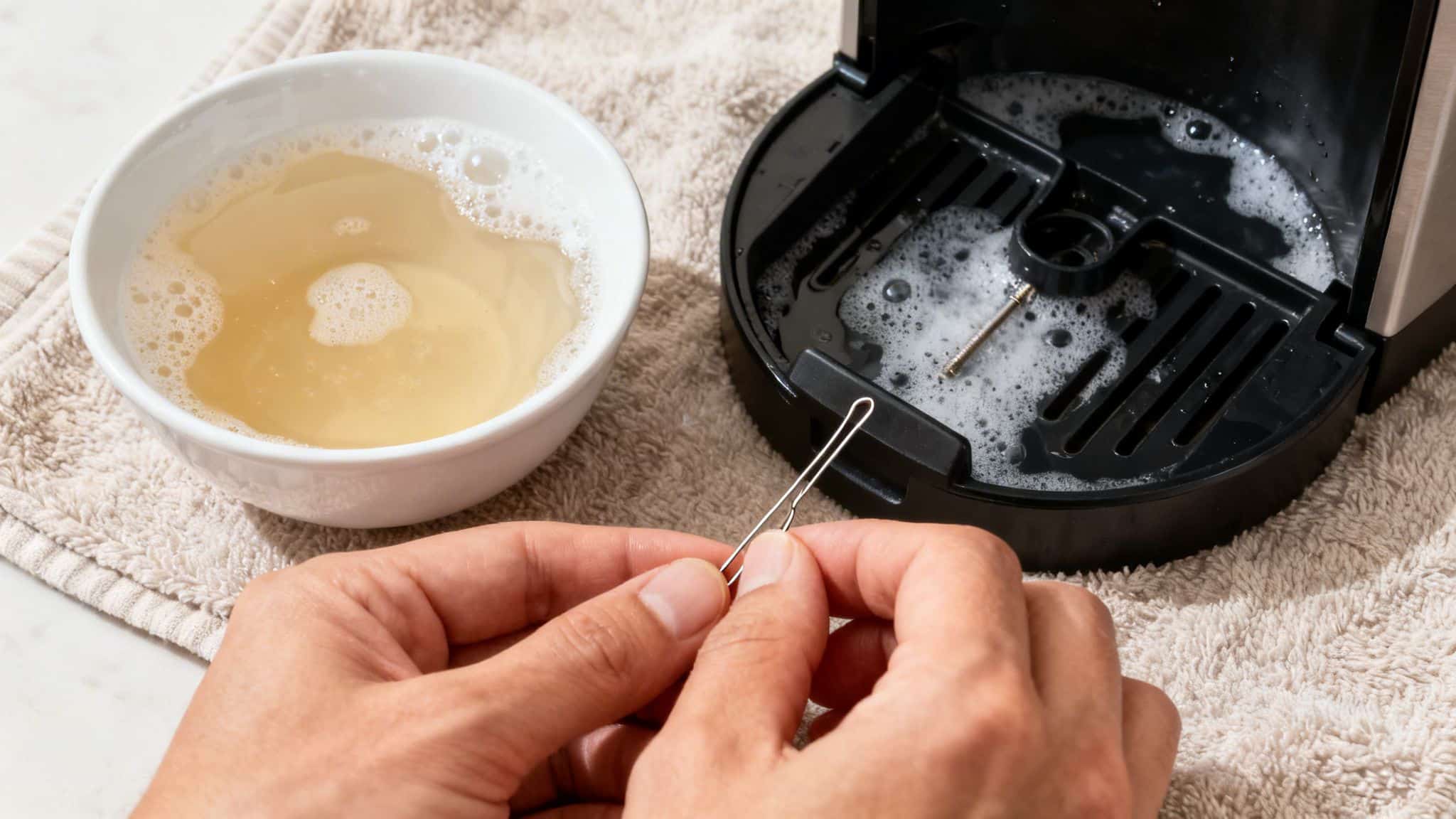 Hands holding a paper clip next to a coffee machine tray filled with soapy water.