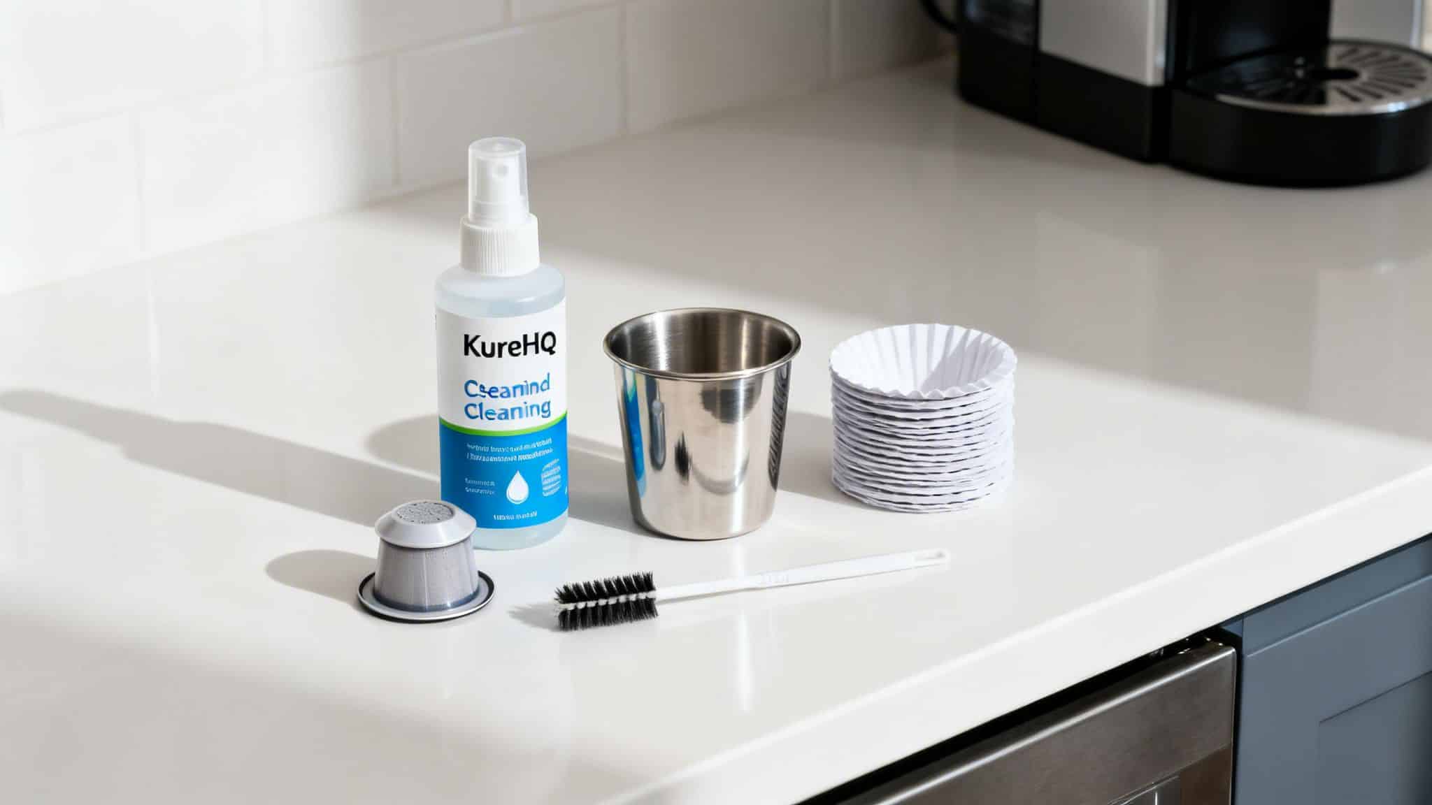 Cleaning supplies for a coffee maker on a white counter, including spray, reusable pod, brush, and paper filters.