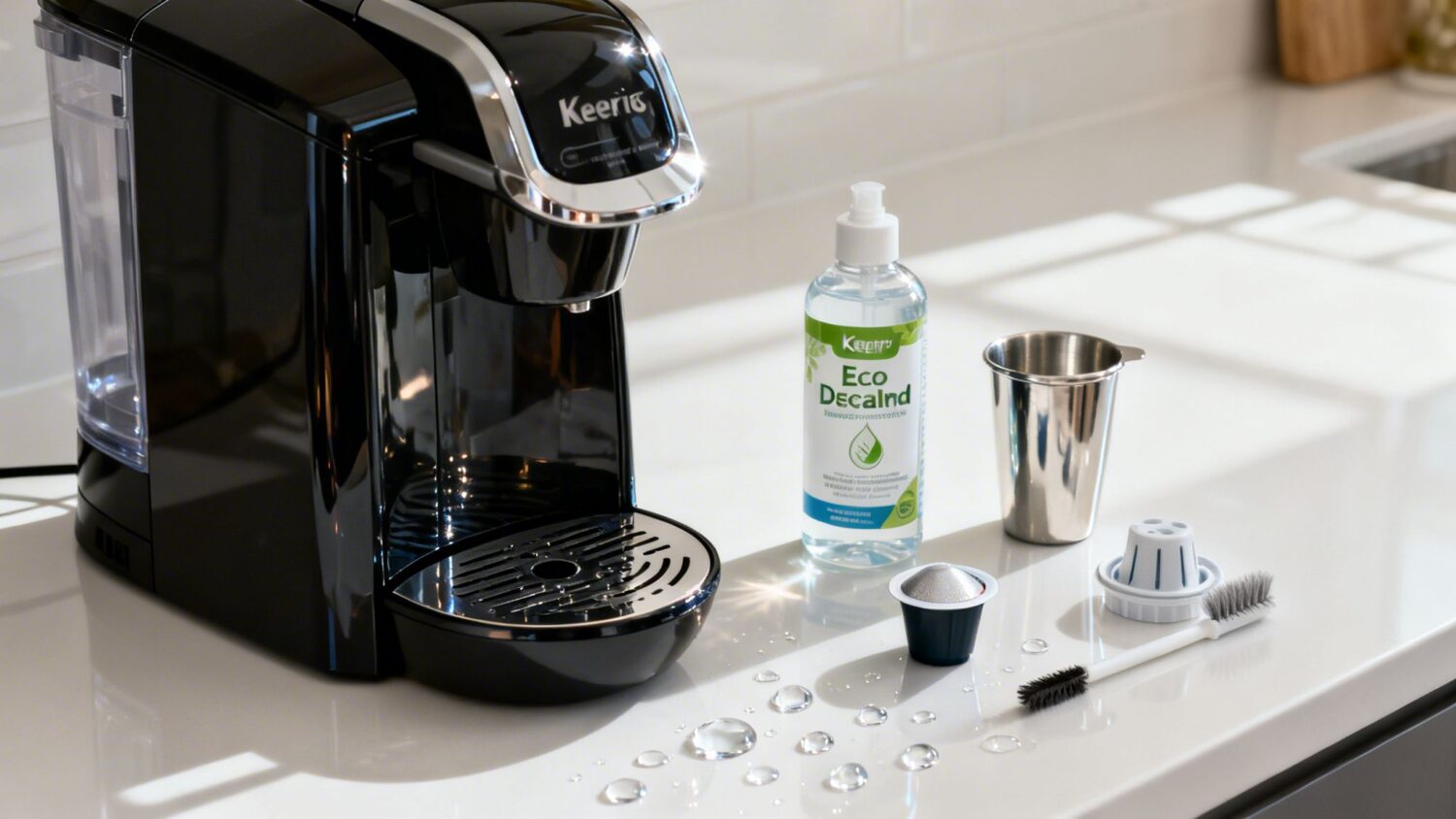 Keurig coffee maker with descaling solution and cleaning tools on a white countertop.