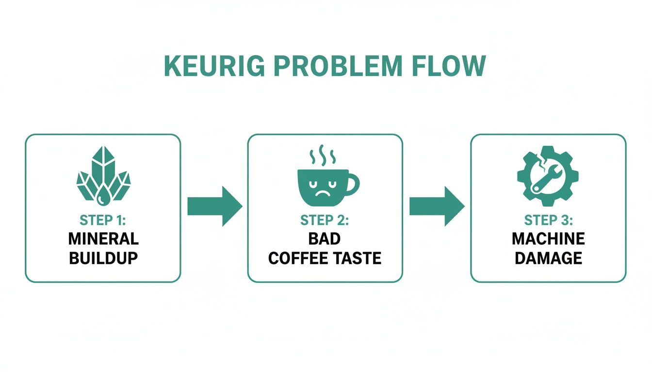 A flow chart titled 'Keurig Problem Flow' illustrating three steps: mineral buildup, bad coffee taste, and machine damage.