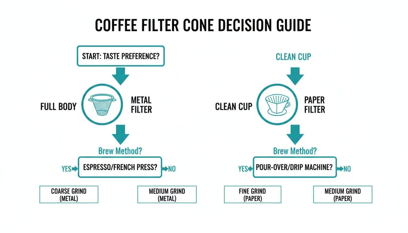 A coffee filter cone decision guide flowchart illustrating choices between metal and paper filters based on taste and brew method.