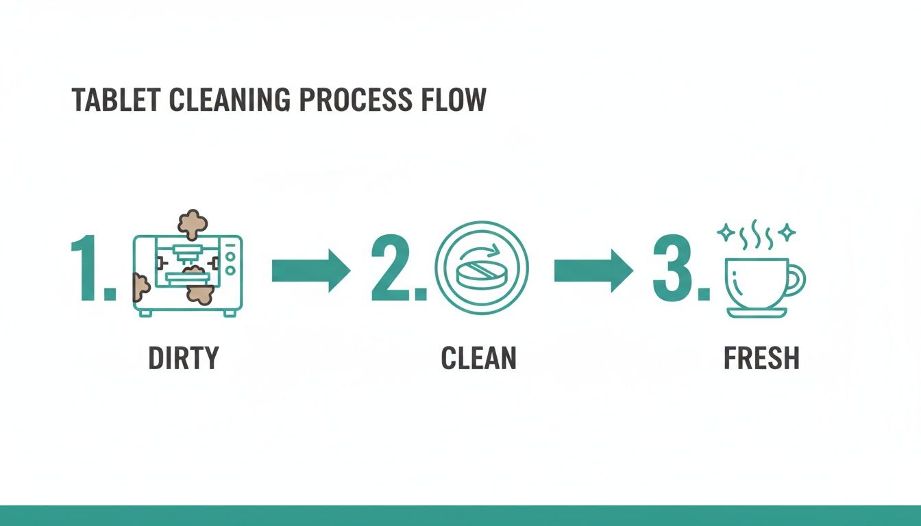 Flowchart showing a tablet cleaning process flow: dirty machine, cleaning tablet, and fresh result.