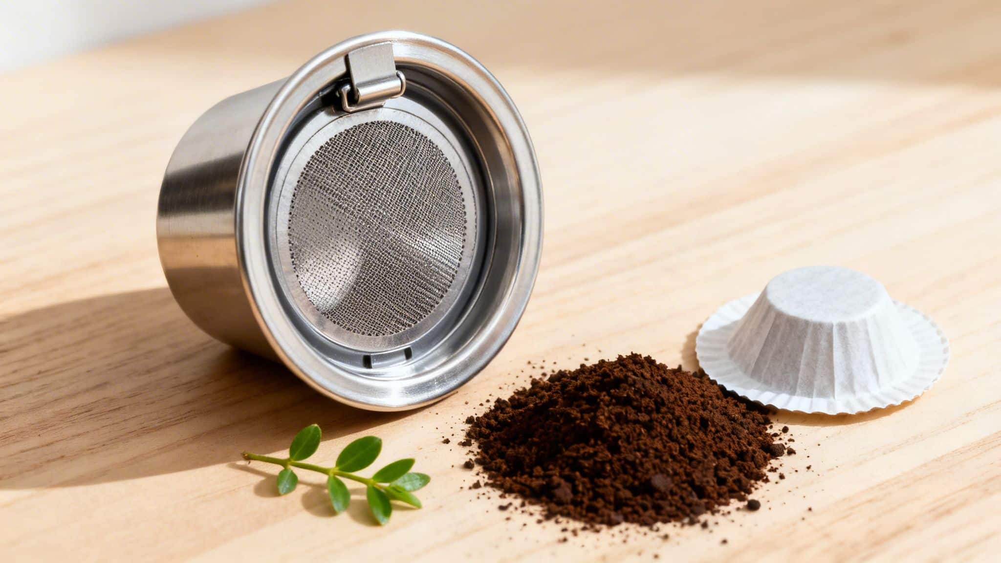 A reusable metal coffee pod, a pile of ground coffee, and a paper filter on a wooden surface.
