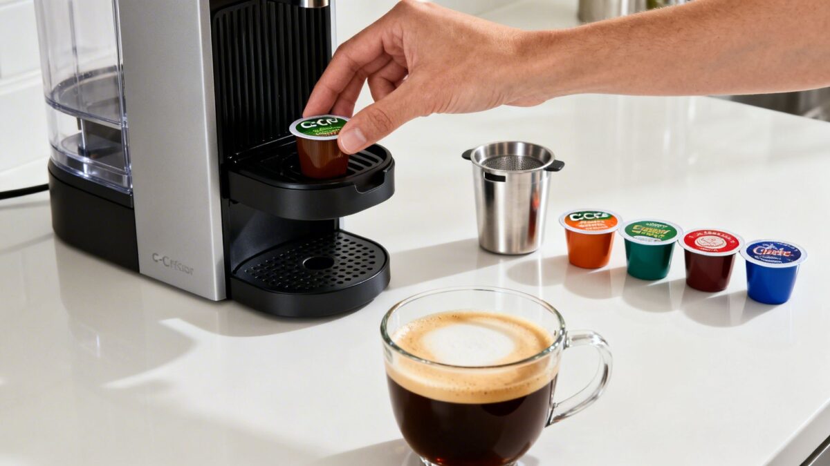 Coffee maker with colorful coffee pods and a cup of coffee.