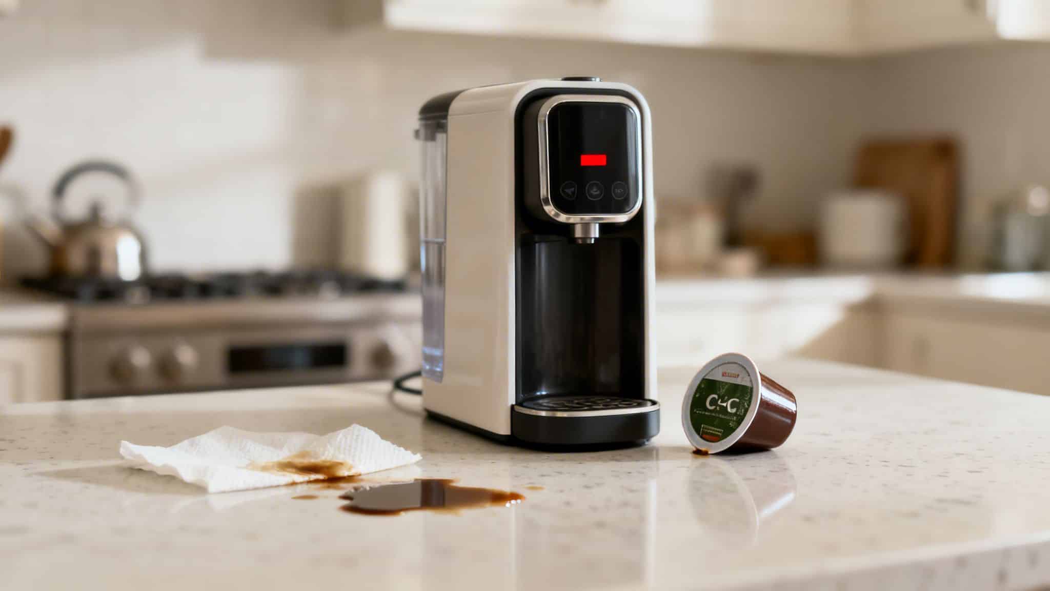 A modern coffee maker, a coffee pod, and a spilled drink with a paper towel on a kitchen counter.