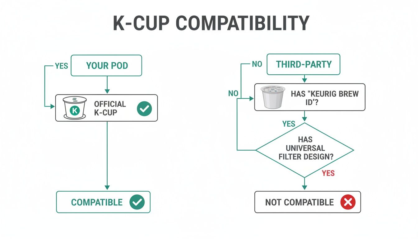 Flowchart explaining Keurig K-Cup compatibility, distinguishing between official and third-party pods based on design features.