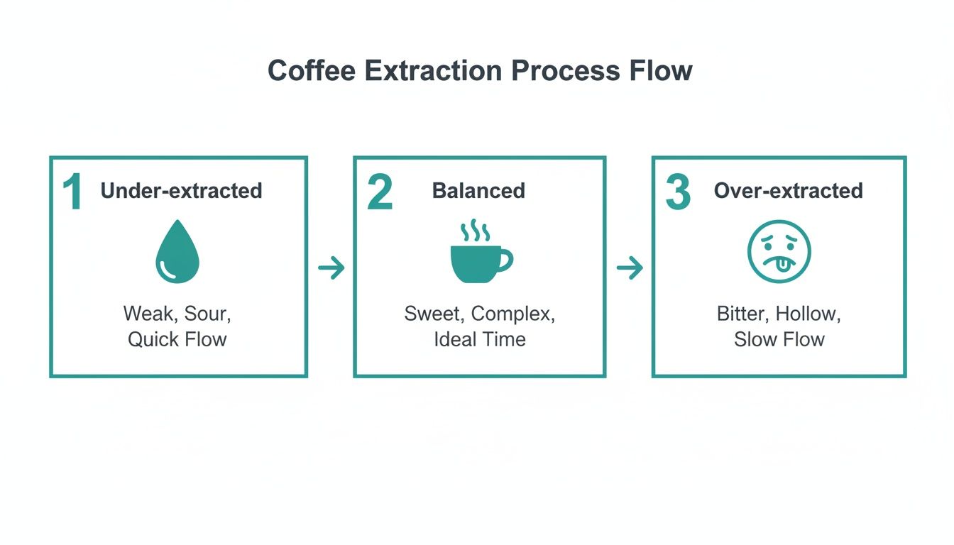 Visual guide illustrating coffee extraction stages: under-extracted, balanced, and over-extracted, with flavor descriptions.