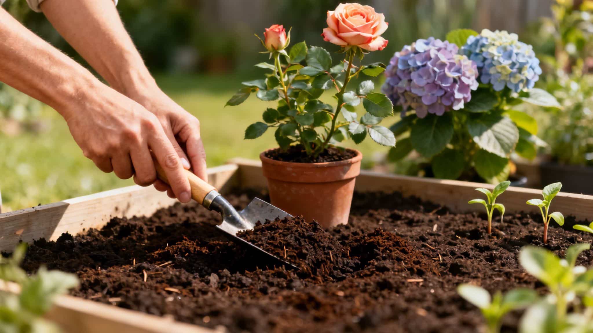 Hands gently mix dark soil with a trowel in a raised garden bed, preparing for planting.