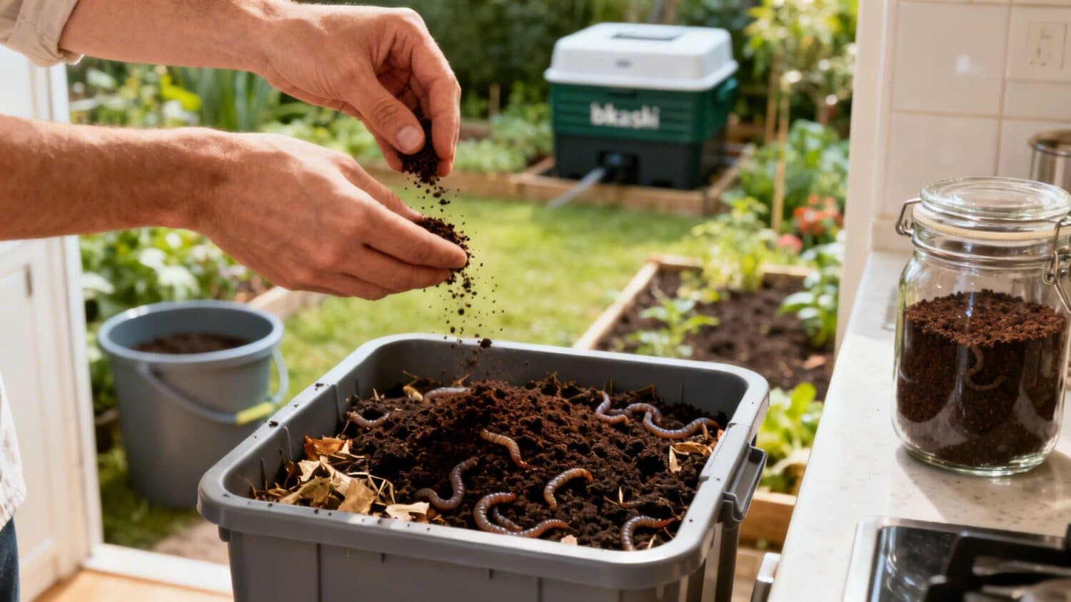 Vermicomposting setup with worms in soil, perfect for composting in the garden.