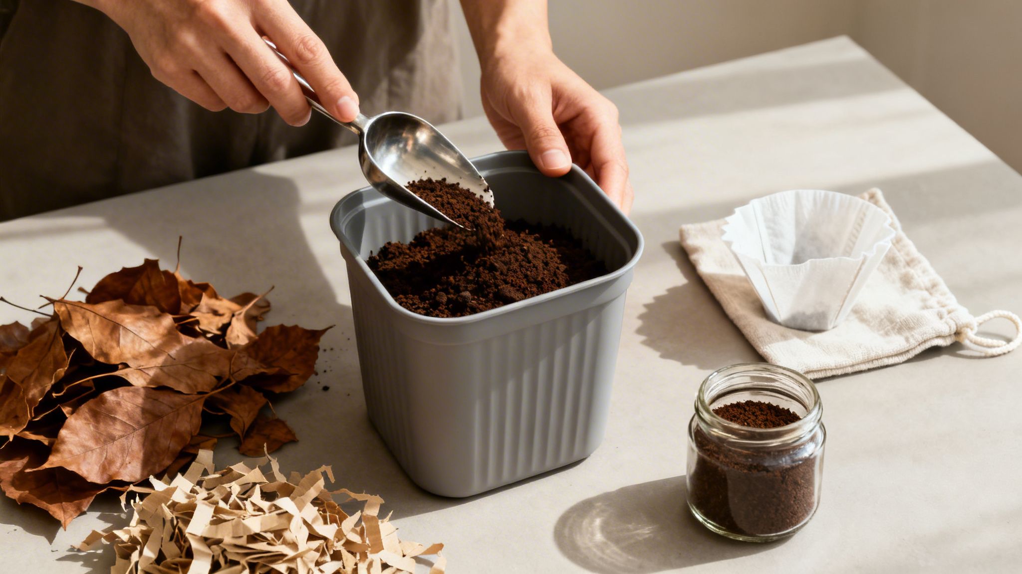 Hands scoop used coffee grounds into a grey bin for composting, next to dried leaves and shredded paper.