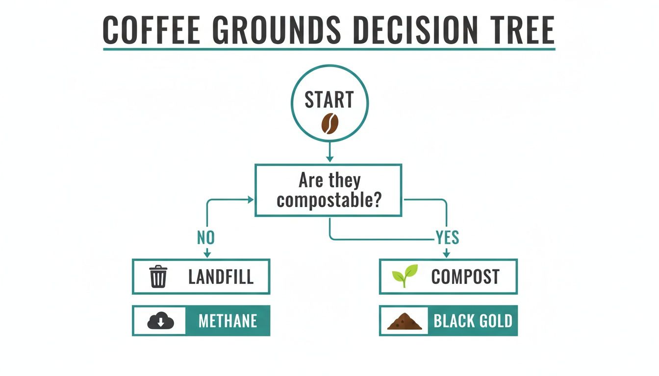 A coffee grounds decision tree guides disposal: compost for compostable, landfill for non-compostable.