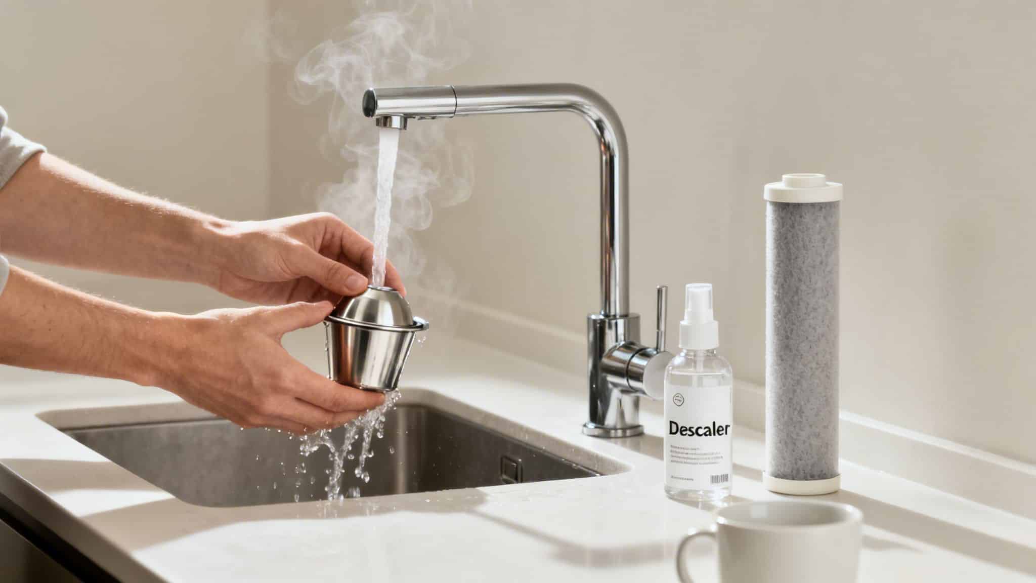 Person filling a reusable metal coffee pod with hot water from a kitchen tap, with descaler and filter nearby.
