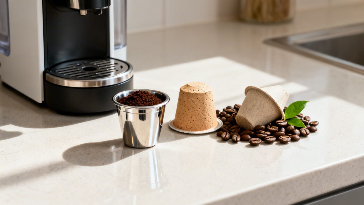 Coffee machine, reusable pods, coffee beans. Eco-friendly coffee options.