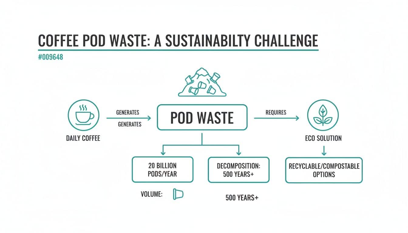 A flowchart illustrates coffee pod waste as a sustainability challenge, detailing its volume, decomposition time, and eco-friendly solutions.