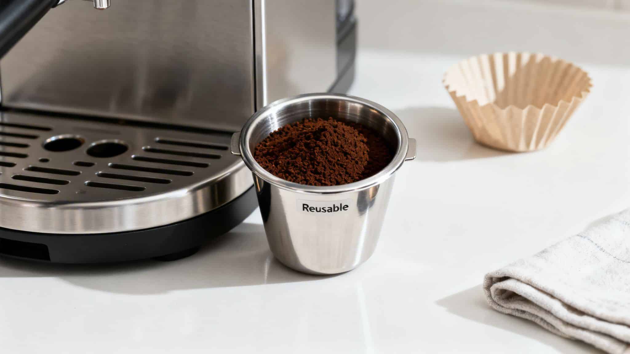 Freshly ground coffee in a reusable metal pod, with a coffee machine and filter on a white counter.
