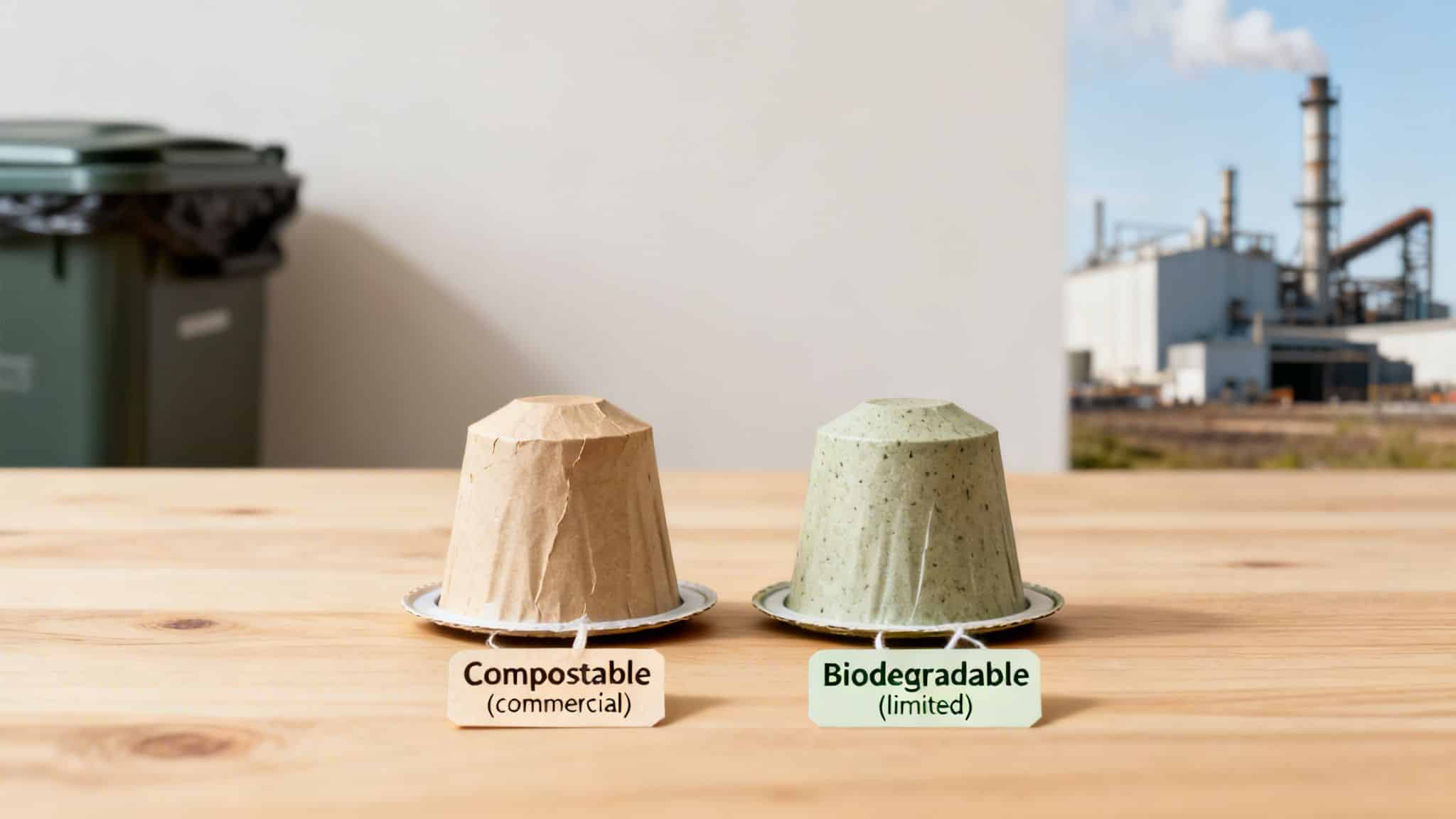 Two eco-friendly coffee pods, one labeled 'compostable' and another 'biodegradable', sit on a wooden table.