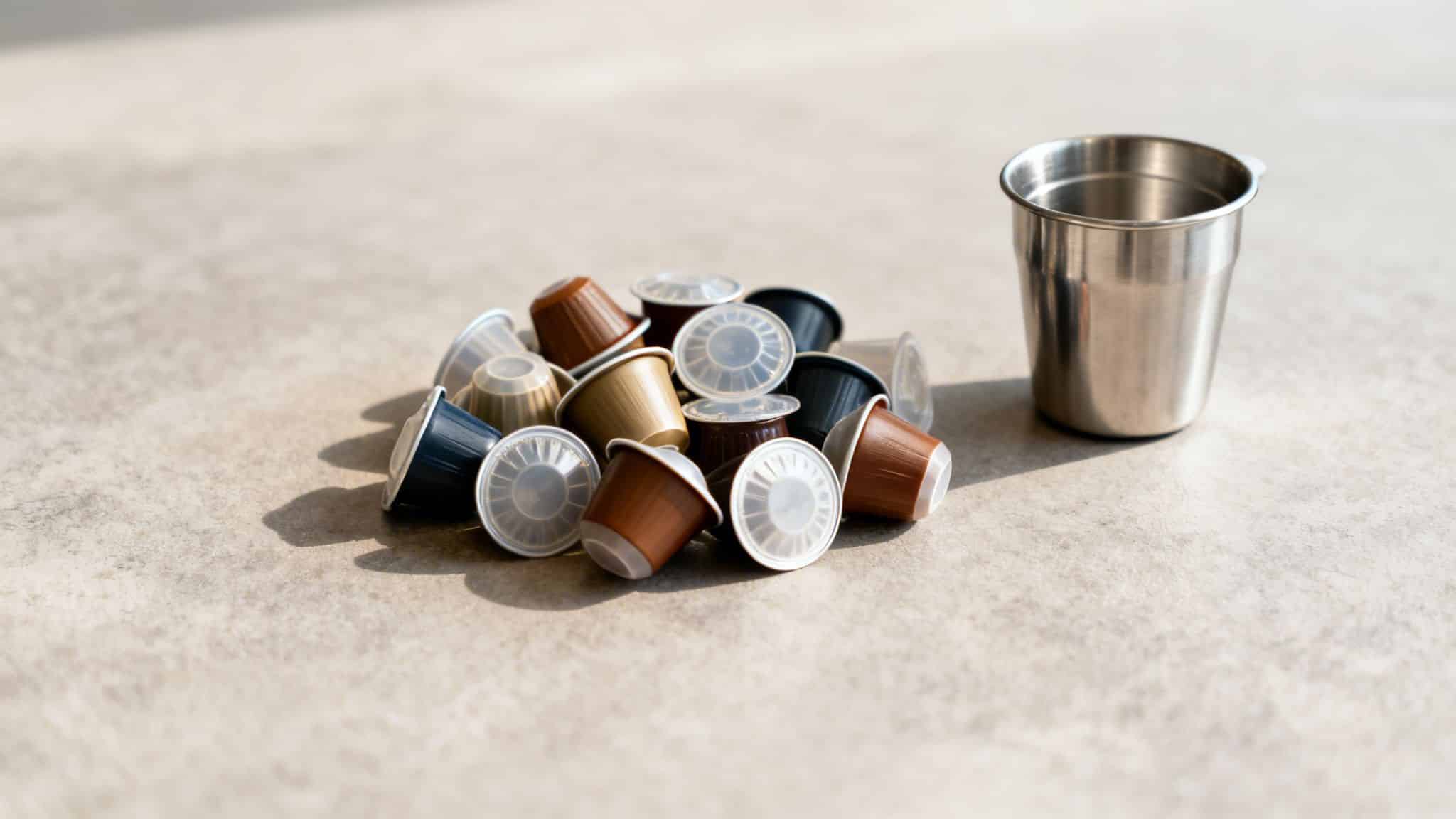 A pile of colorful coffee capsules next to a small silver cup on a light surface.
