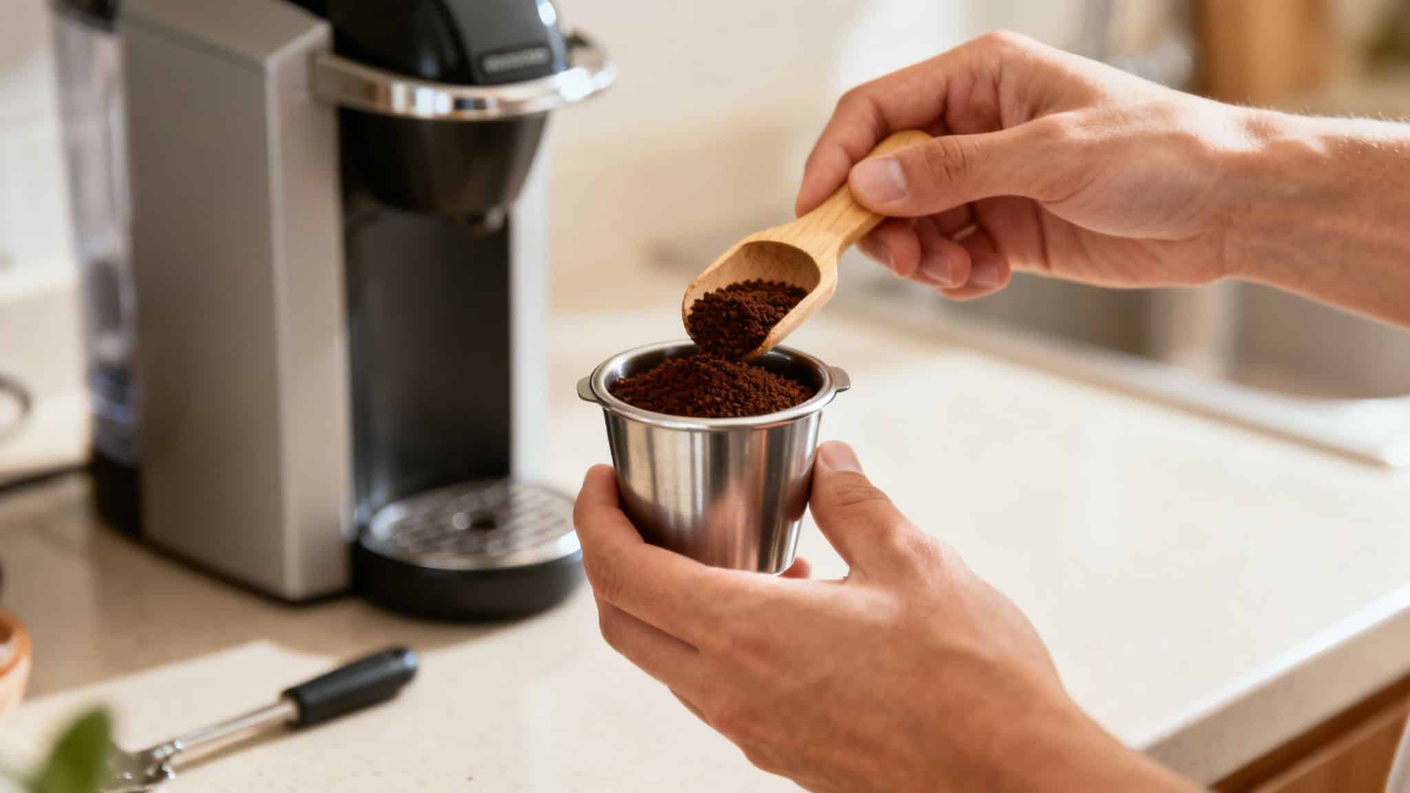 Hands filling a reusable coffee pod with ground coffee using a wooden spoon next to a coffee machine.