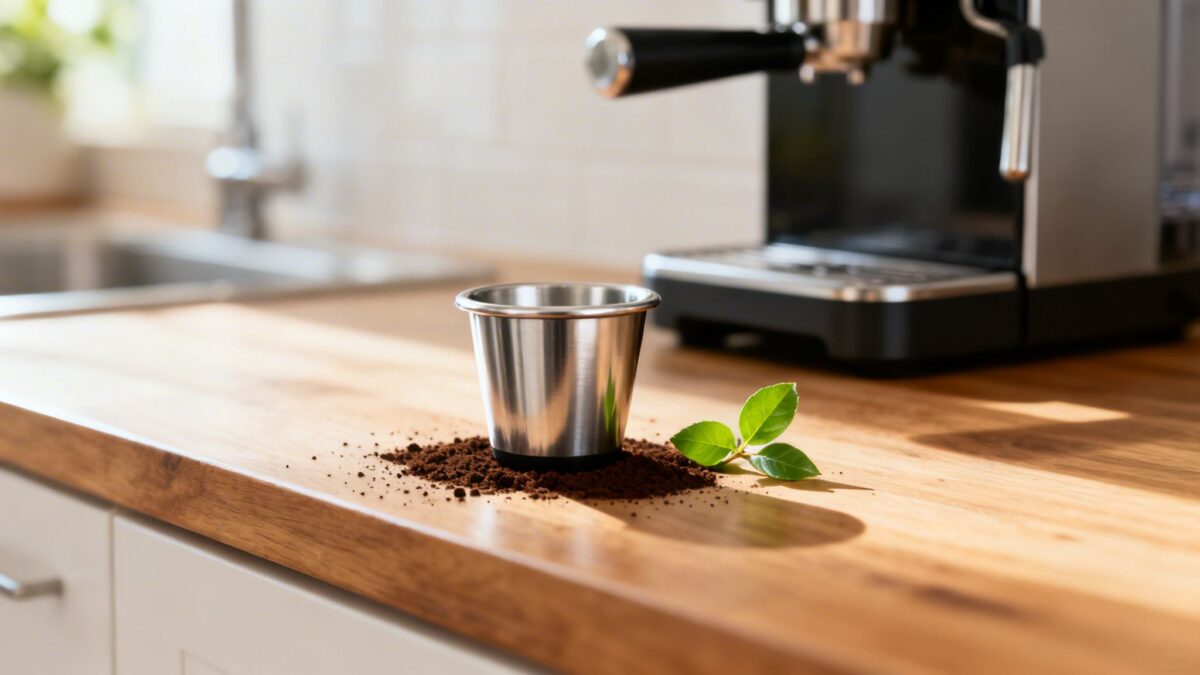 Espresso machine with coffee grounds, metal cup, and green leaf on a wood countertop.