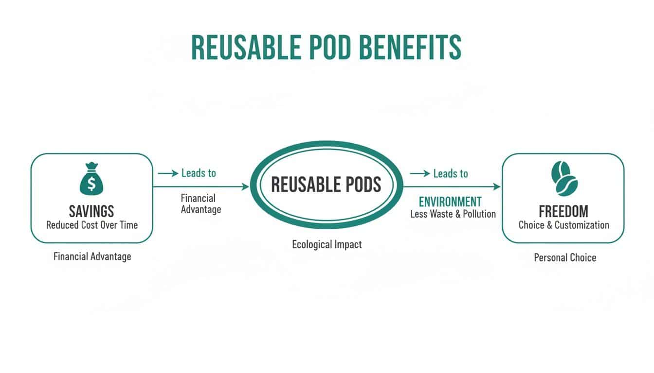 Diagram illustrating the financial, environmental, and personal advantages of using reusable pods.