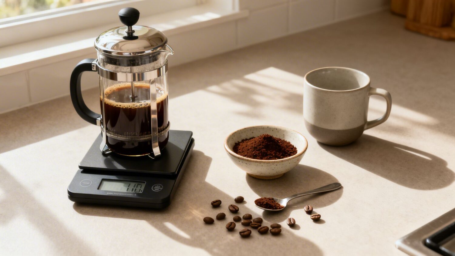 French press coffee brewing on a scale with ground coffee and beans.