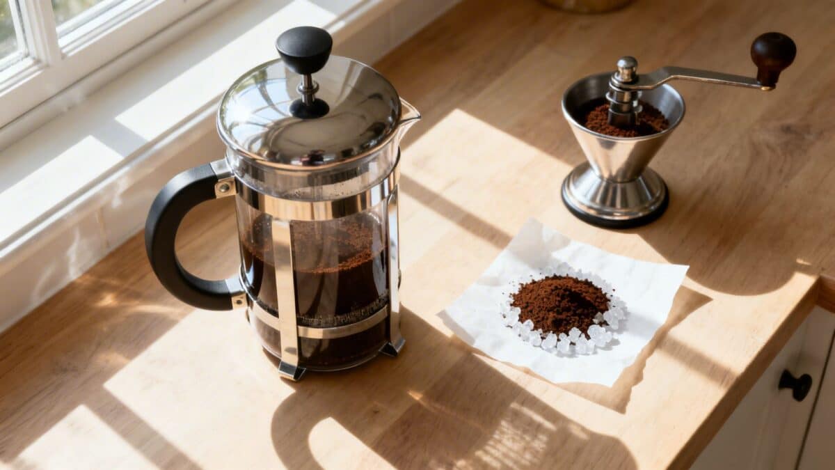 French press coffee maker with freshly ground coffee, grinder, and coffee grounds on parchment paper.