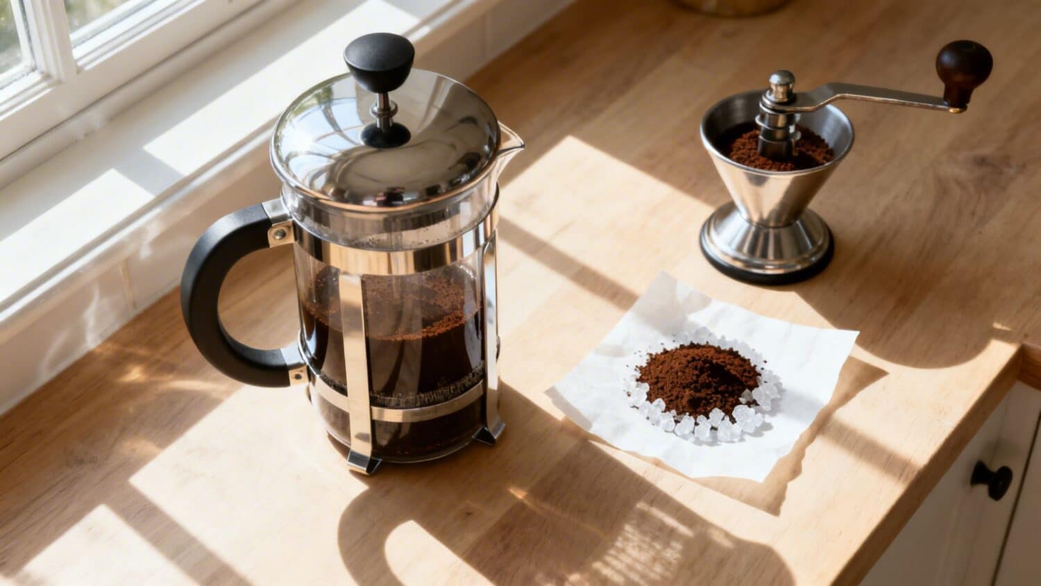 French press coffee maker with freshly ground coffee, grinder, and coffee grounds on parchment paper.