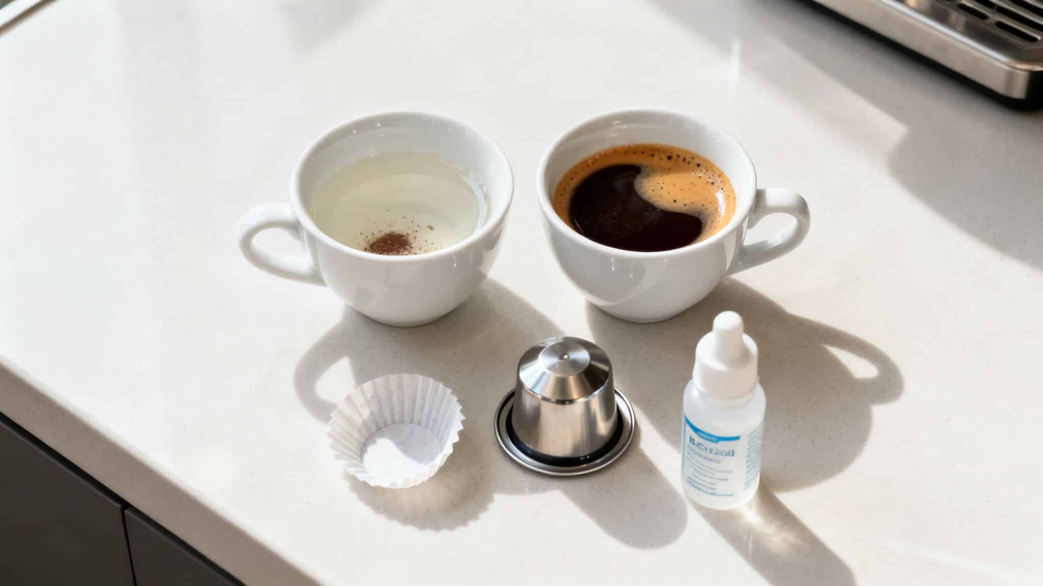 Two white cups with liquids, a reusable coffee capsule, and a small dropper bottle on a countertop.