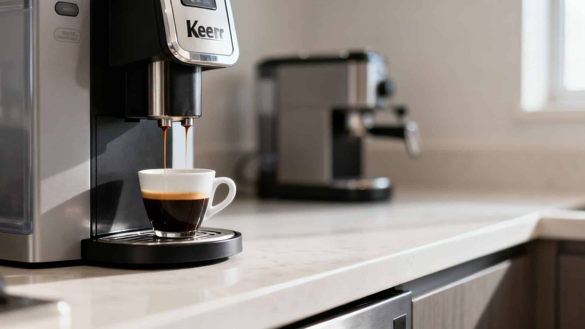 A Keurig coffee machine brewing fresh espresso into a small white cup on a kitchen counter.
