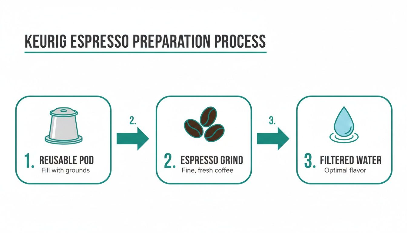 A three-step infographic showing how to prepare espresso using a Keurig with reusable pod, espresso grind, and filtered water.