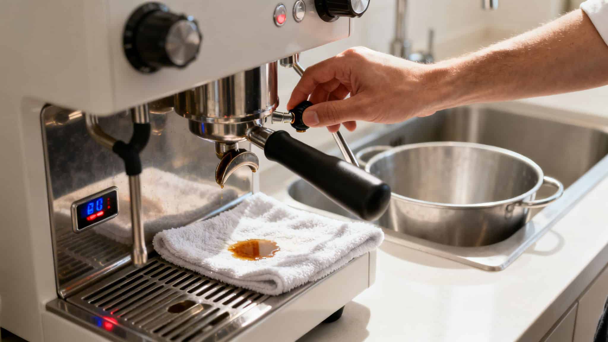 A person's hand adjusts a part of an espresso machine, with coffee dripping onto a white towel.
