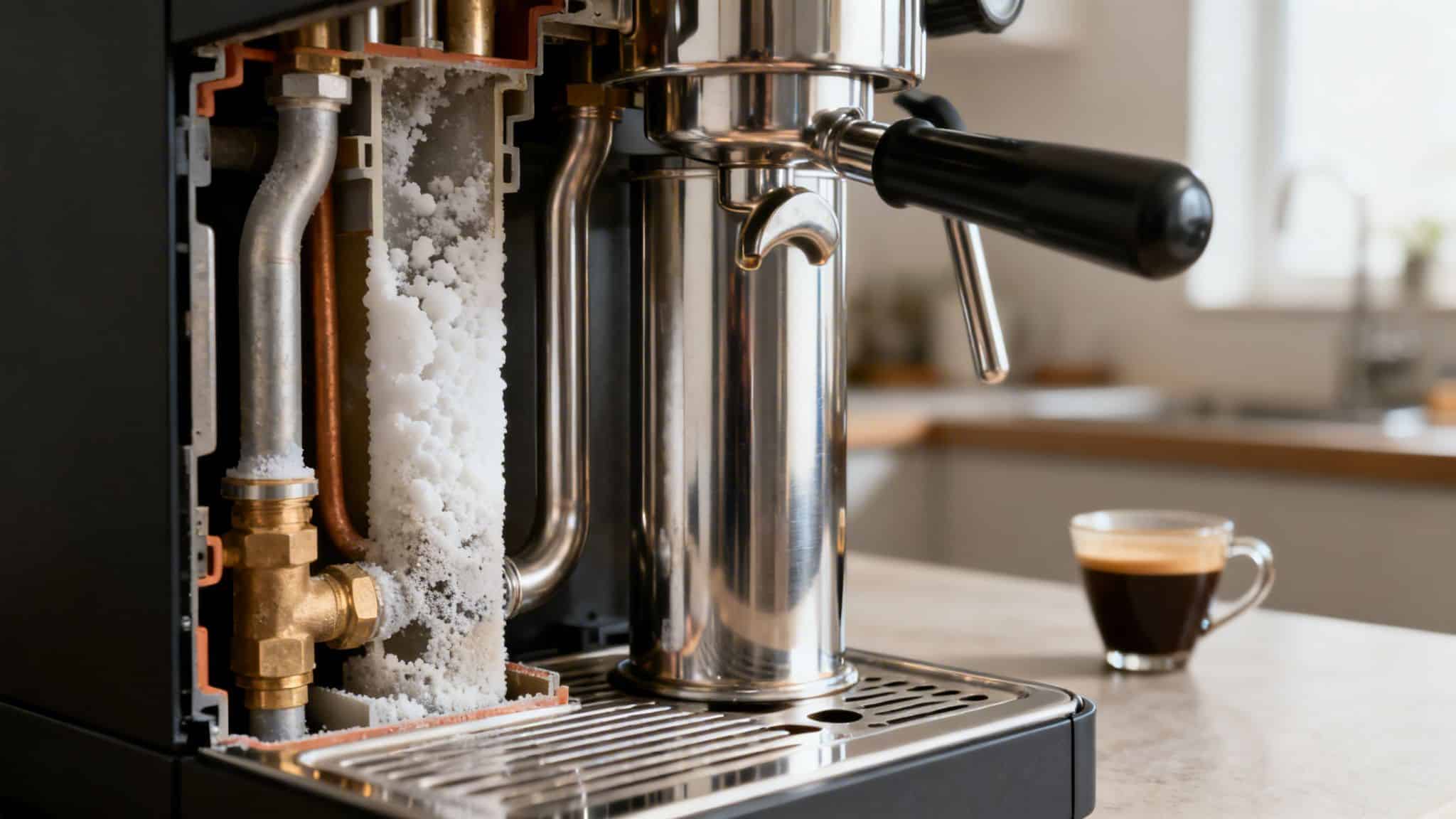 Cross-section of an espresso machine revealing severe white mineral buildup (limescale) on internal pipes and heating elements.