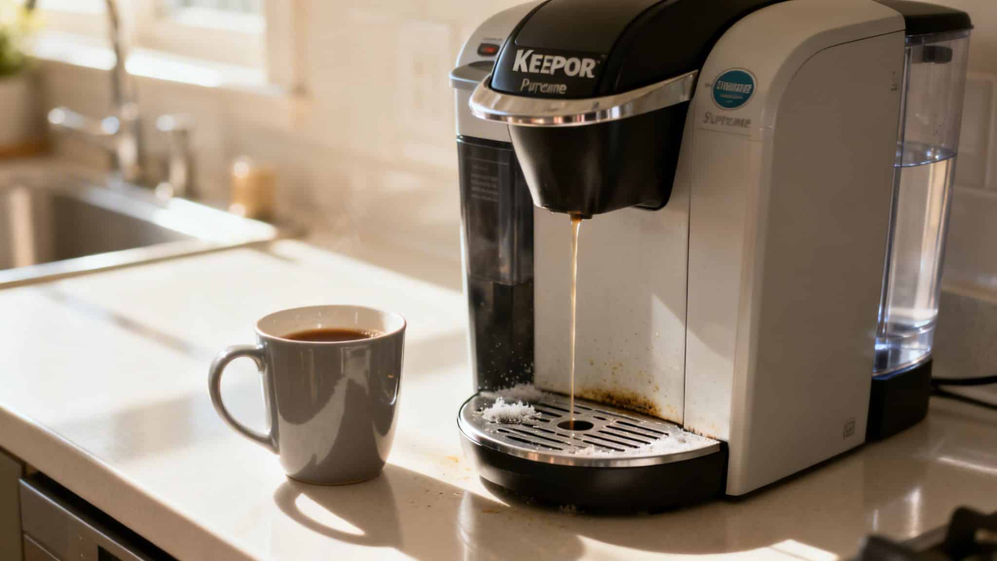 A white coffee machine brews into a grey mug, showing residue on the drip tray.