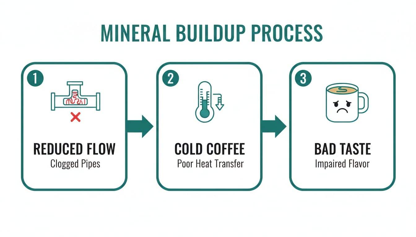 Illustration showing the mineral buildup process: clogged pipes, leading to cold coffee and bad taste.