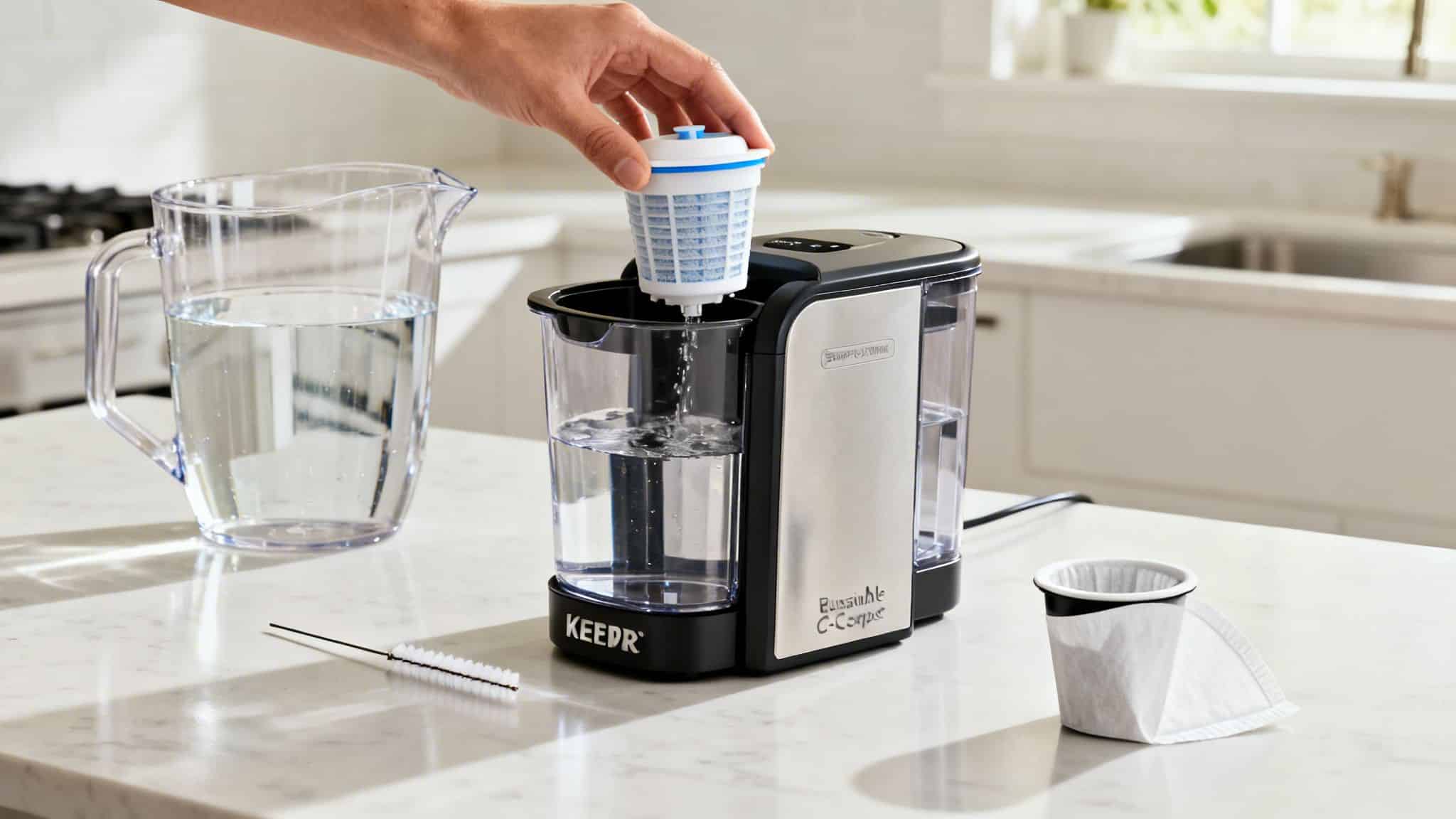 A hand places a water filter into a KEEPR water purification system on a kitchen counter.