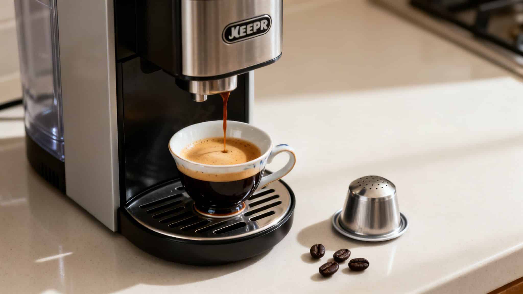 A KEEPR coffee machine brews dark espresso into a decorative cup on a kitchen counter.