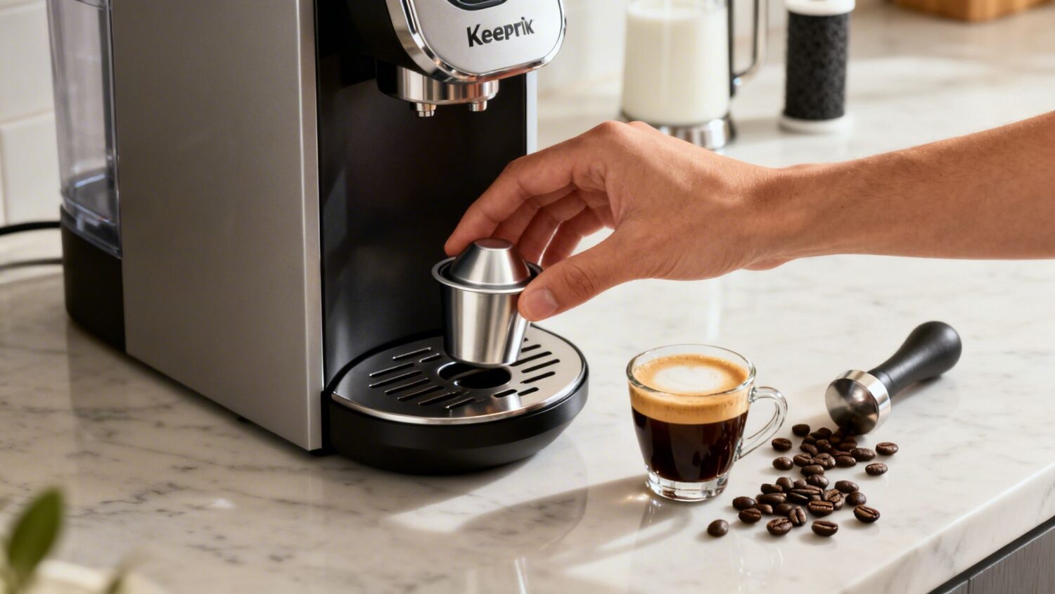 Hand placing reusable coffee pod into espresso machine, with coffee beans