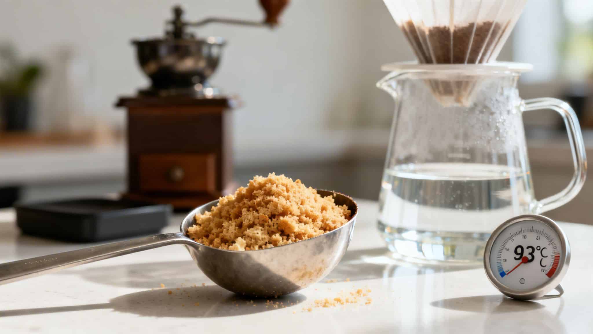 Coffee making scene with brown sugar, a grinder, pour-over brewer, and a thermometer set at 93°C.