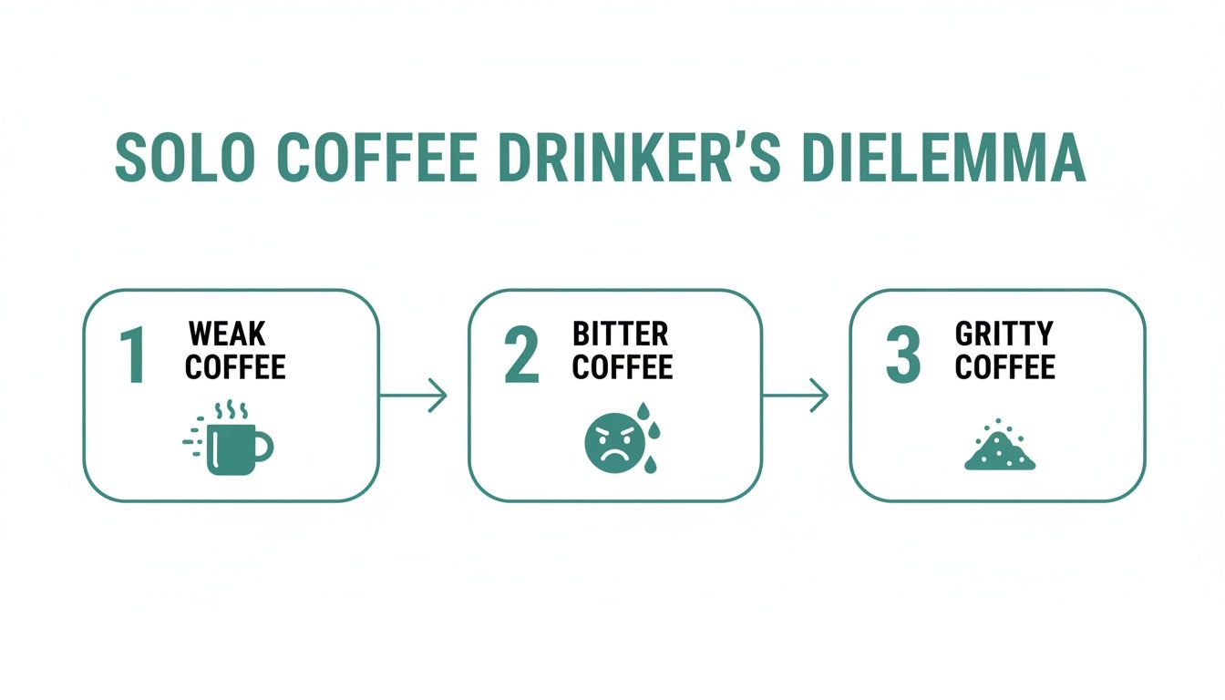 A diagram illustrates the solo coffee drinker's dilemma, showing weak, bitter, and gritty coffee outcomes.