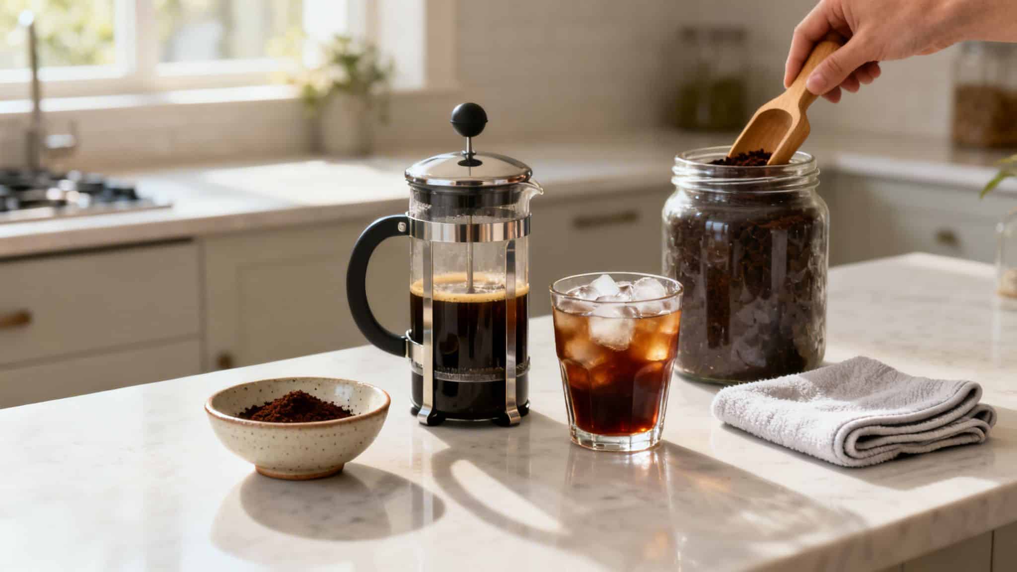 A person making iced coffee with a French press, grounds, and beans on a kitchen counter.