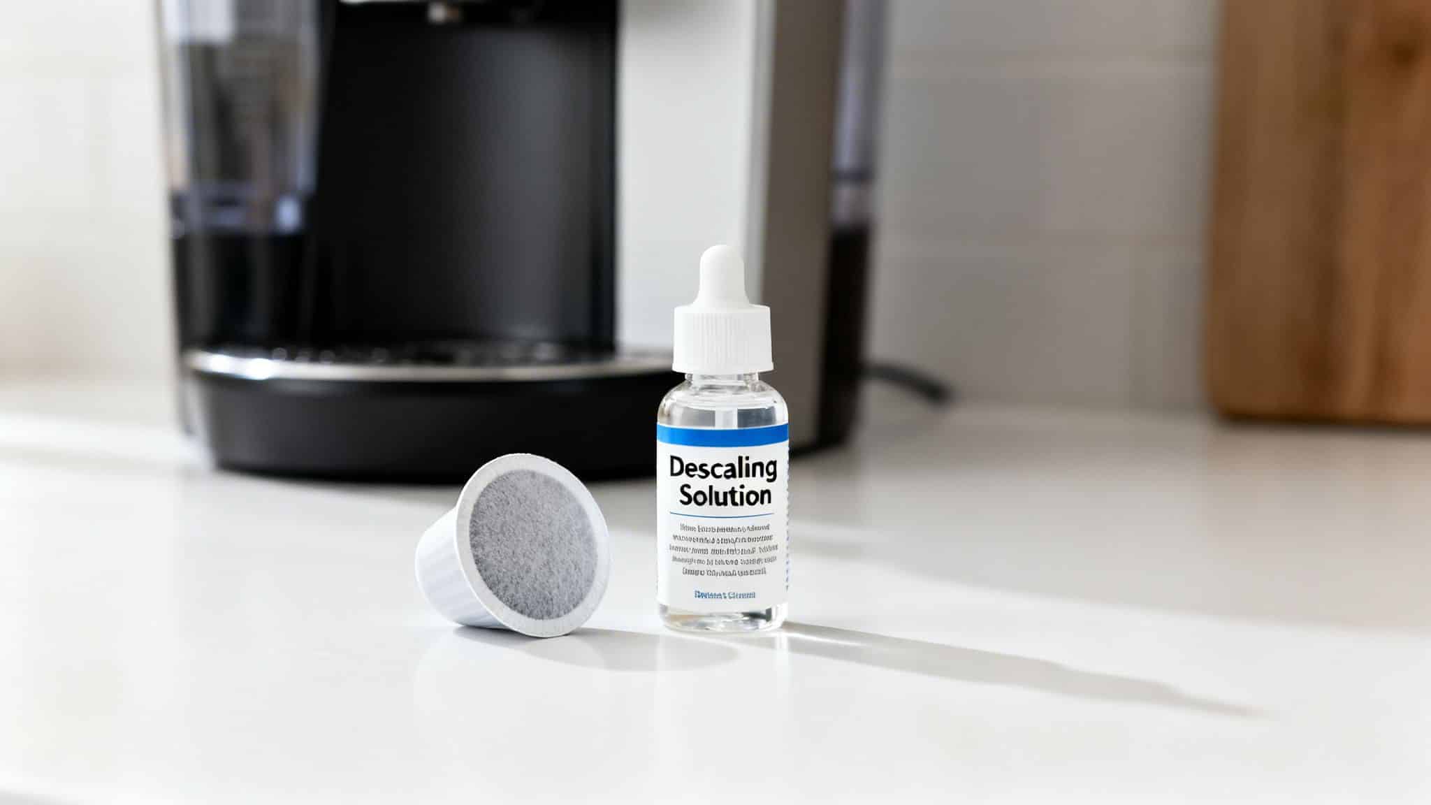 A clear bottle of descaling solution and a coffee pod on a white counter next to a coffee machine.