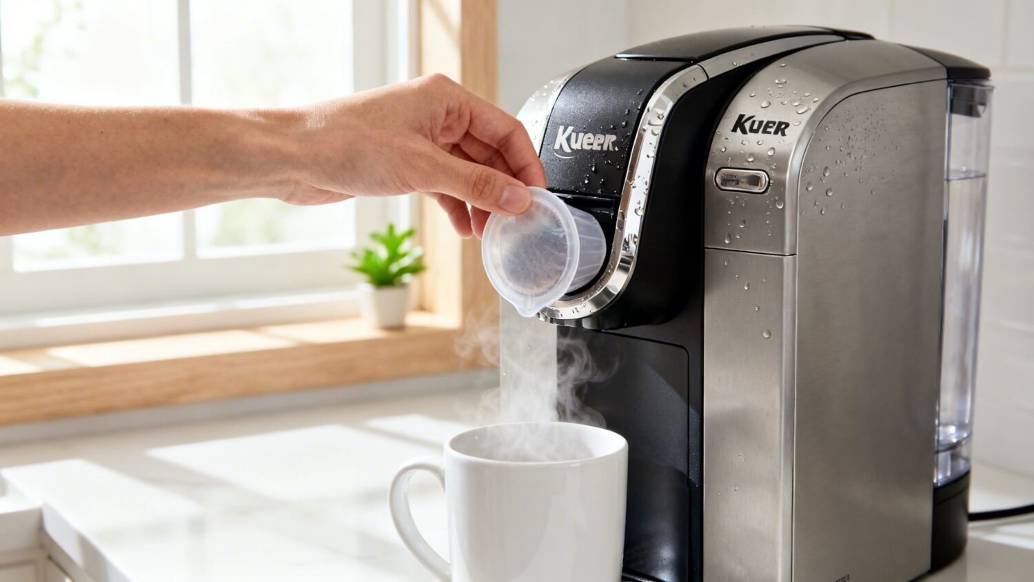 Adding a coffee pod to the Kuer coffee maker for a fresh brew.
