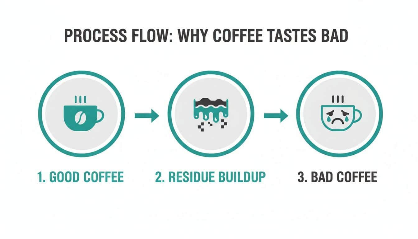 A three-step process flow illustrating why coffee tastes bad: good coffee, residue buildup, and bad coffee.