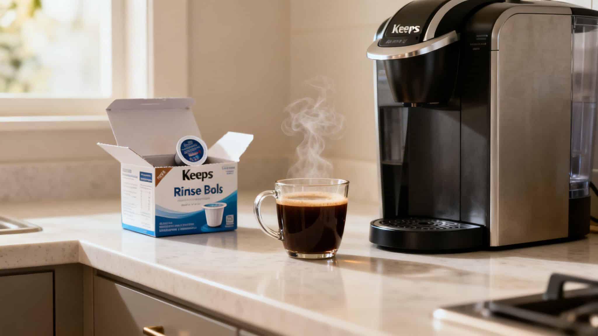 A steaming cup of coffee next to a Keurig machine and a box of rinse pods on a kitchen counter.